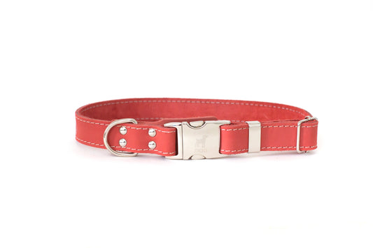 Red/ Orange Leather Dog Collar with Metal Buckle
