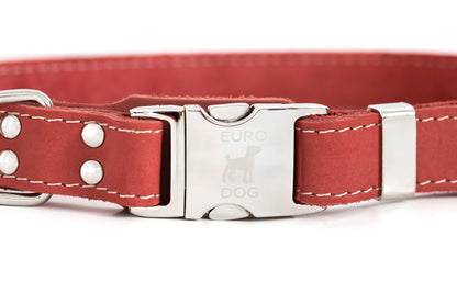 Red/ Orange Leather Dog Collar with Metal Buckle