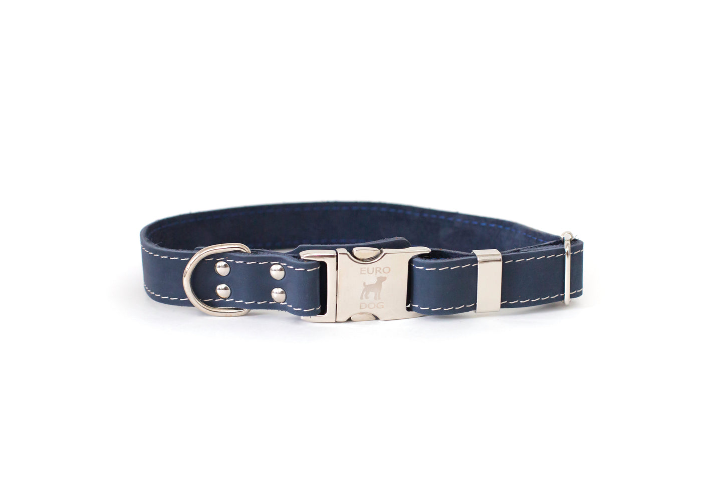 Blue Leather Dog Collar with Metal Buckle