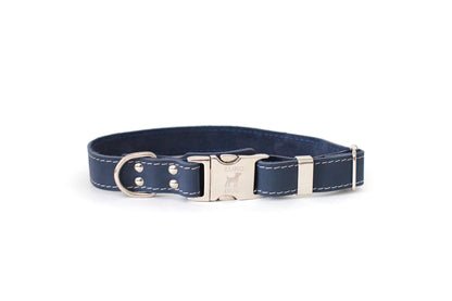 Blue Leather Dog Collar with Metal Buckle