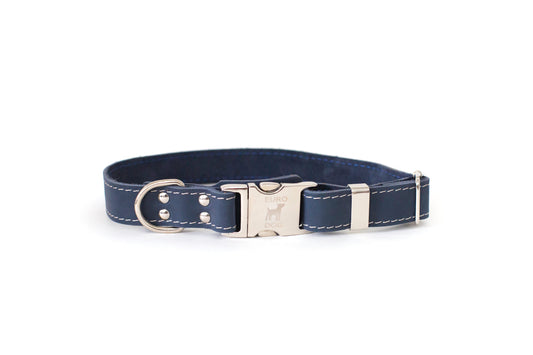 Blue Leather Dog Collar with Metal Buckle