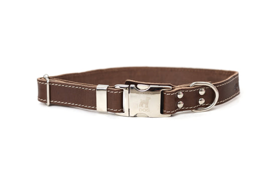 Chocolate Leather Dog Collar with Metal Buckle
