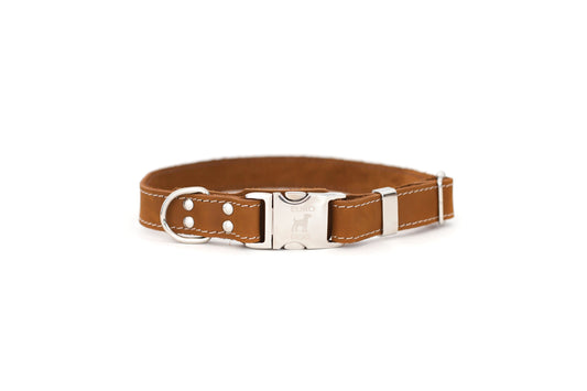 Brown Leather Dog Collar with Metal Buckle