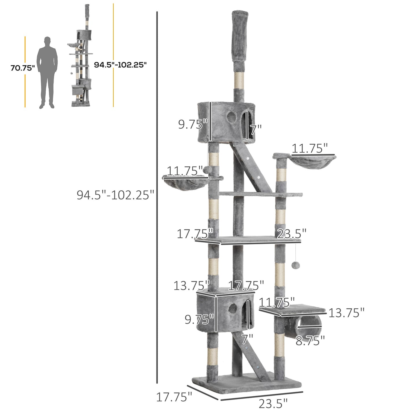 Floor Standing Cat Tree 94.5-10.25 Inch